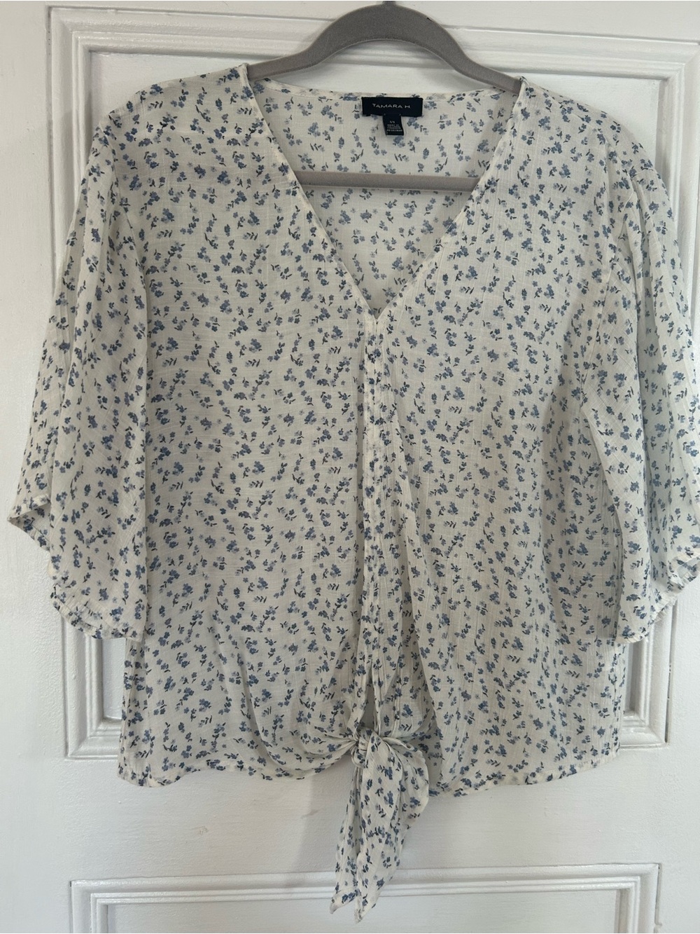 Tamara H White Blouse with Blue Floral Tie-Front
